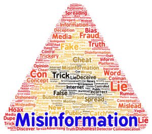 A triangle warning sign made up of words like "lie," "false," and "fraud." The image is labeled "Misinformation"