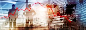 businessmen looking out a window with a trend line overlay